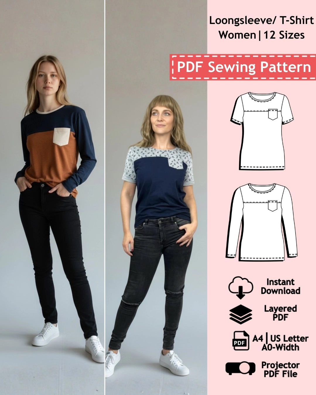 PDF Sewing Pattern T-Shirt & Long Sleeve - Women (EU 32-54 / US 2-24 / UK 6-28)