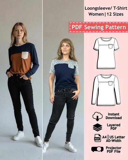 PDF Sewing Pattern T-Shirt & Long Sleeve - Women (EU 32-54 / US 2-24 / UK 6-28)