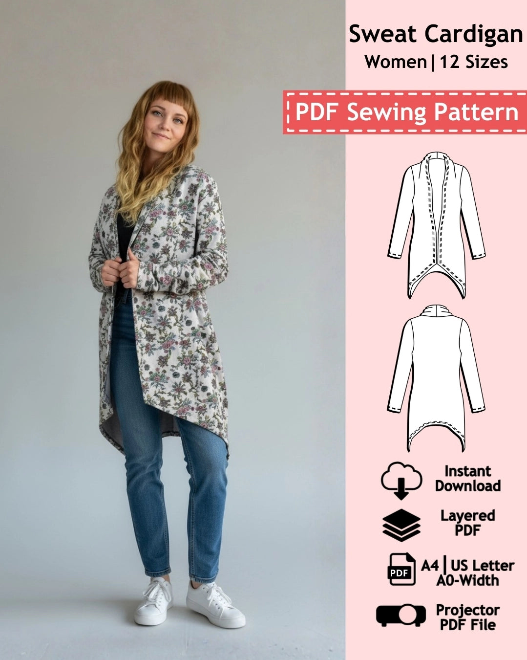 PDF Sewing Pattern Sweat Cardigan (EU 32-54 / US 2-24 / UK 6-28)