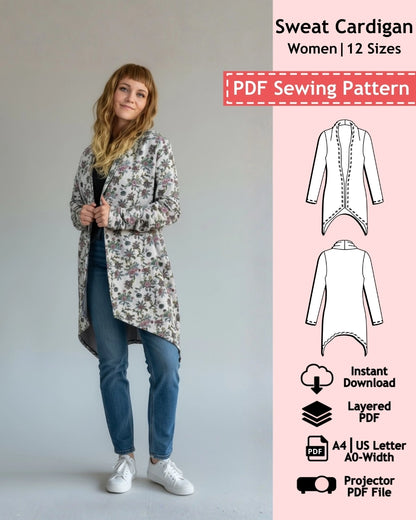 PDF Sewing Pattern Sweat Cardigan (EU 32-54 / US 2-24 / UK 6-28)