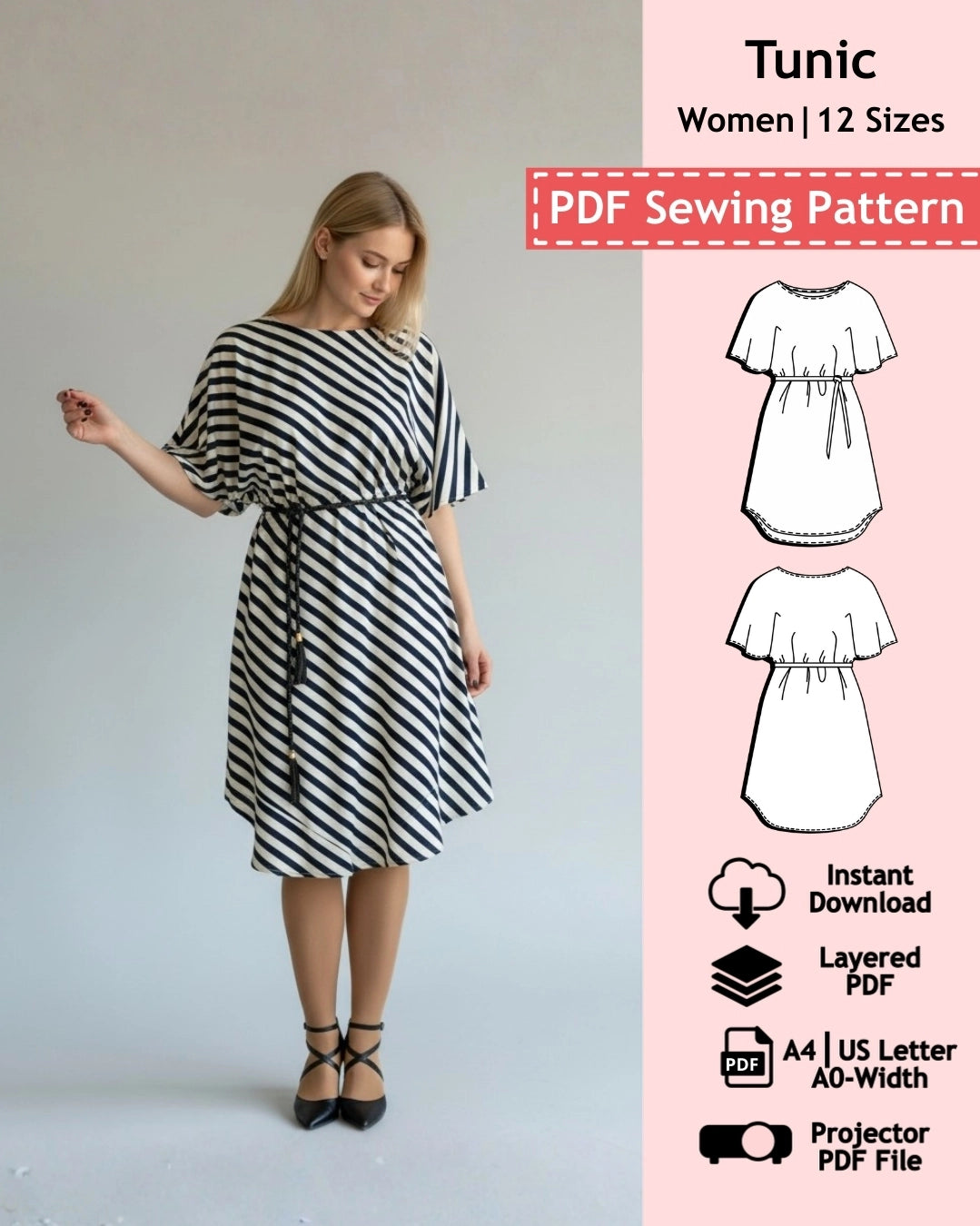 PDF Sewing Pattern - Beach Tunic-Dress (EU 32-54 / US 2-24 / UK 6-28)