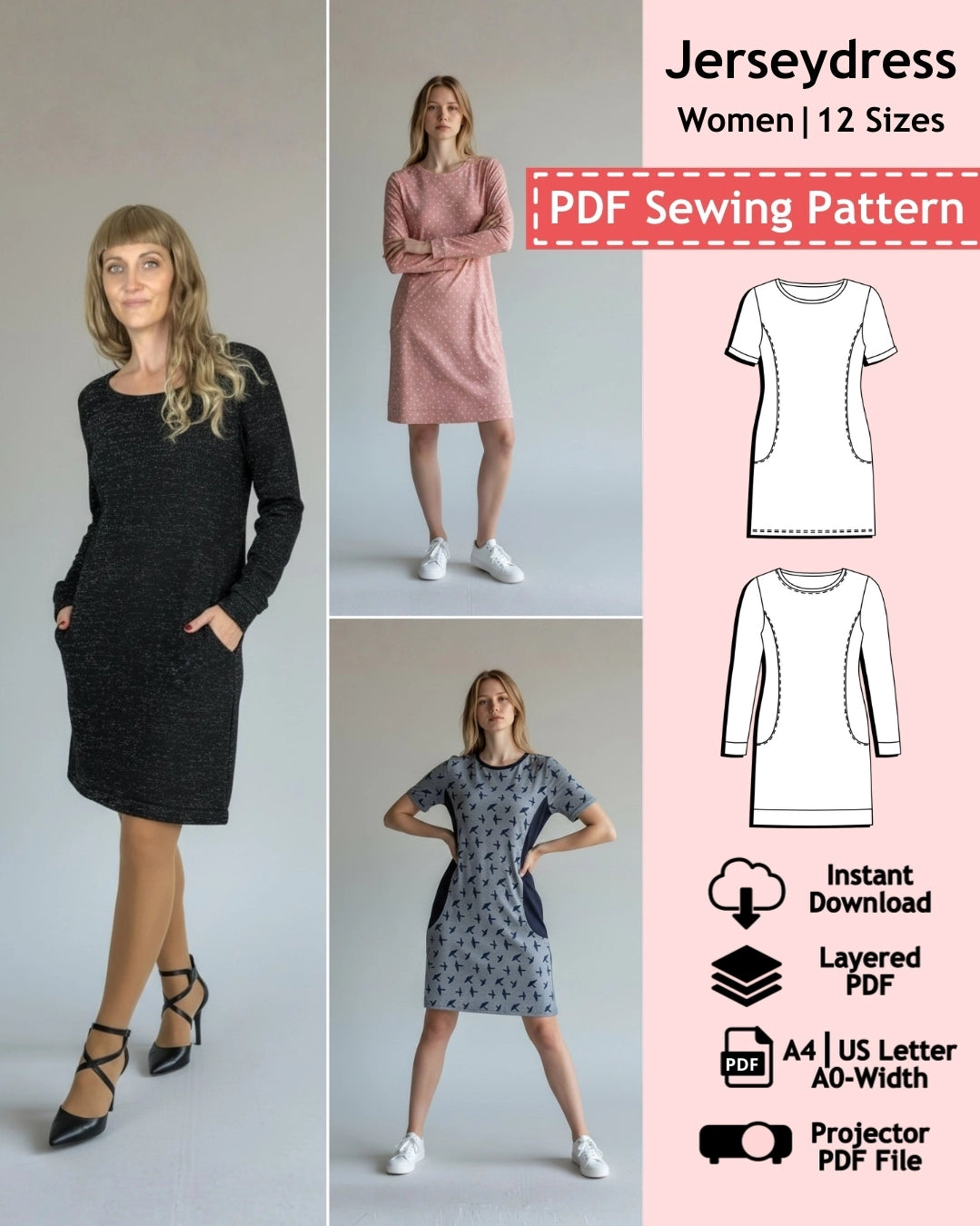 PDF Sewing Pattern - Jersey Dress (EU 32-54 / US 2-24 / UK 6-28)