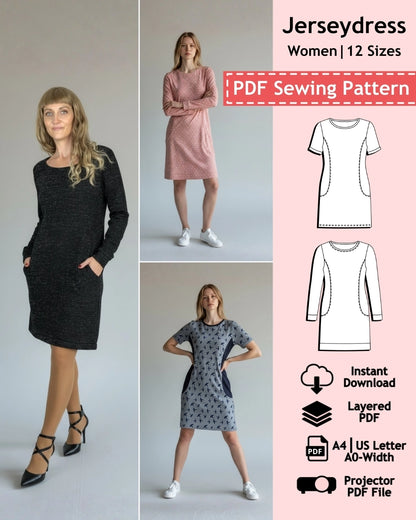 PDF Sewing Pattern - Jersey Dress (EU 32-54 / US 2-24 / UK 6-28)