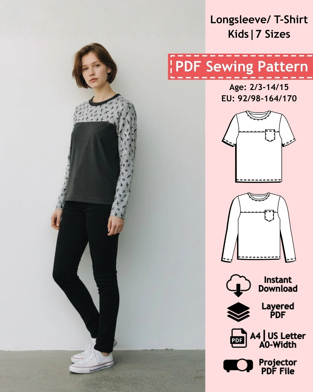 PDF Sewing Pattern Longsleeved Top and T-Shirt - Kids