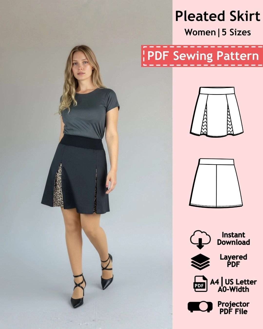 PDF Sewing Pattern Pleated Skirt (EU 34-42 / US 4-12 / UK 8-16)