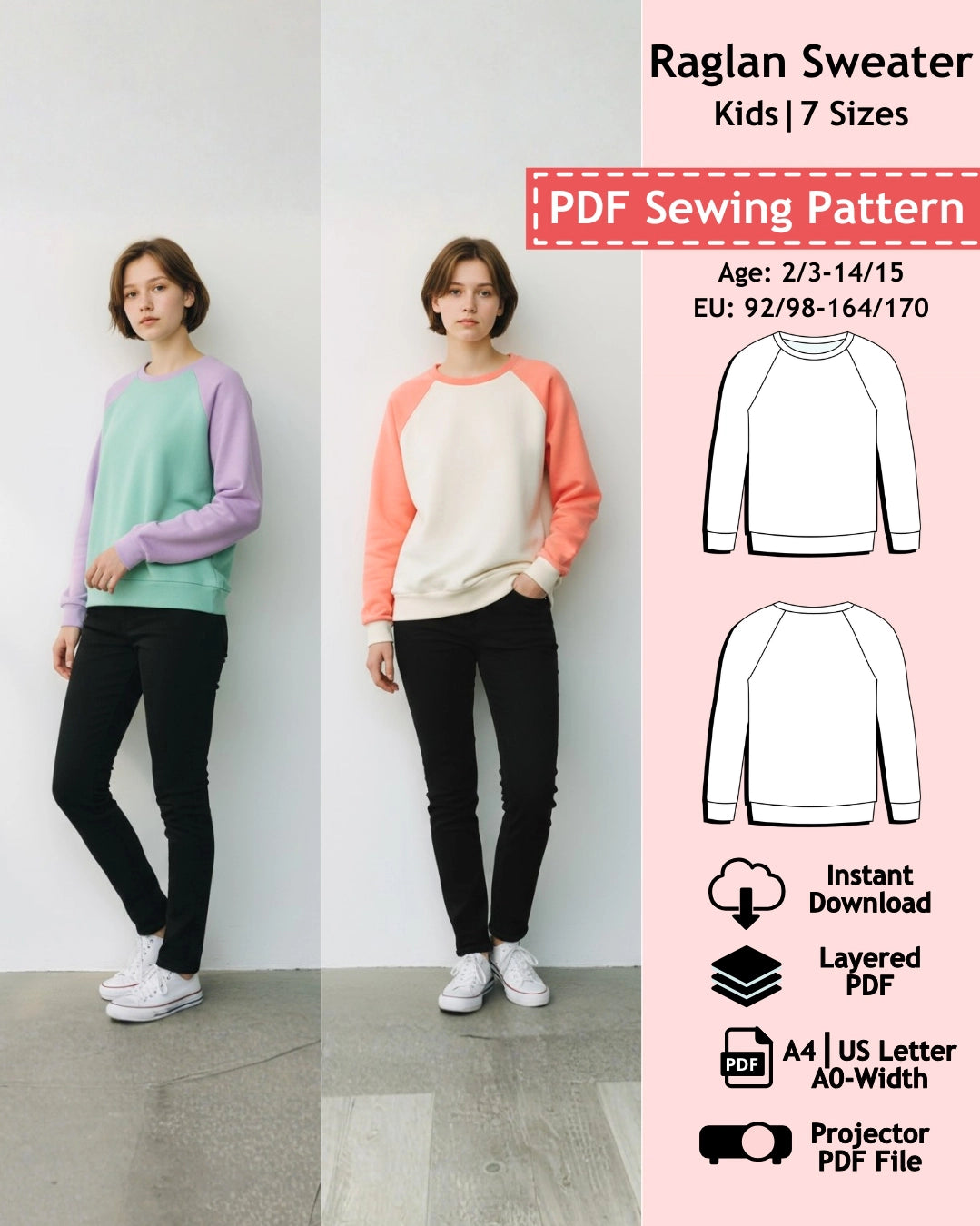 PDF Sewing Pattern Raglan Sweater - Kids