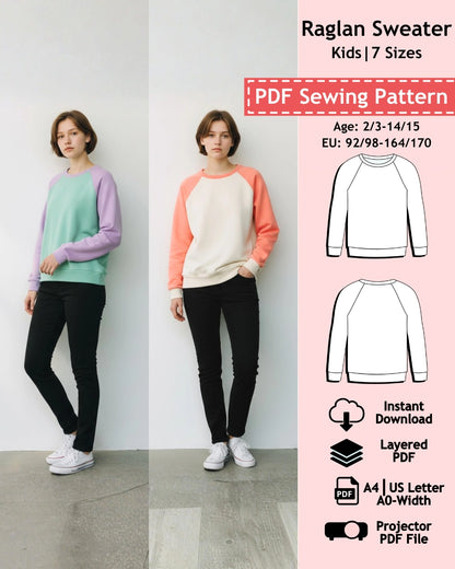 PDF Sewing Pattern Raglan Sweater - Kids