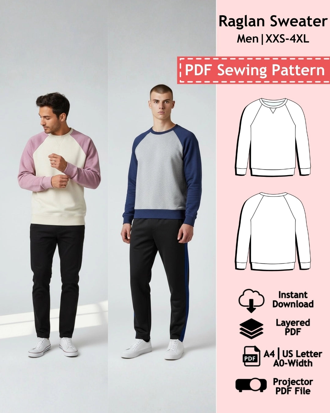 PDF Sewing Pattern Raglan Sweater - Men
