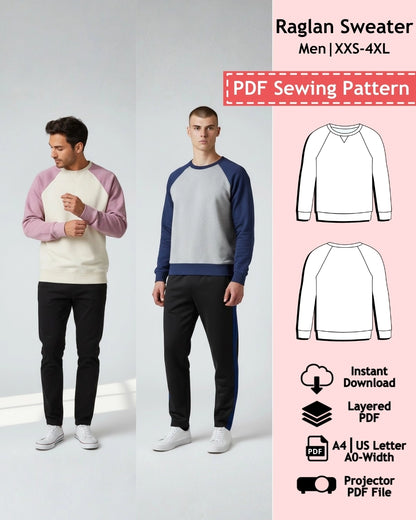 PDF Sewing Pattern Raglan Sweater - Men