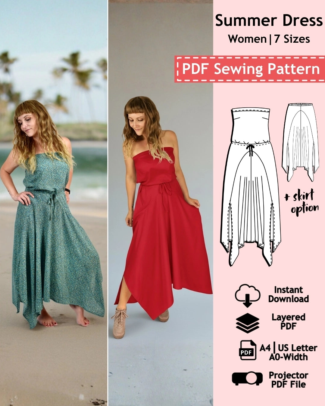 PDF Sewing Pattern Summer Dress with Handkerchief Hem - Women (US2-14 / EU 32-44 / UK6-18)