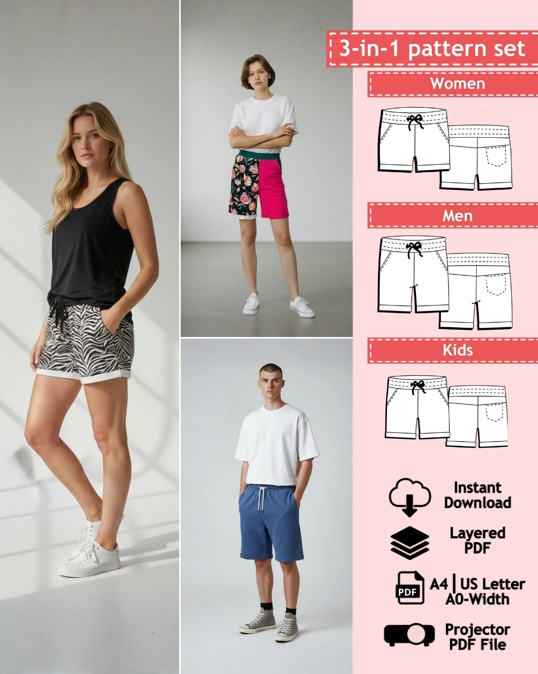 PDF Sewing Pattern Bundle - Sweat Shorts - Men, Kids and Women