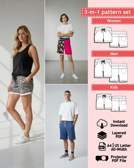 PDF Sewing Pattern Bundle - Sweat Shorts - Men, Kids and Women