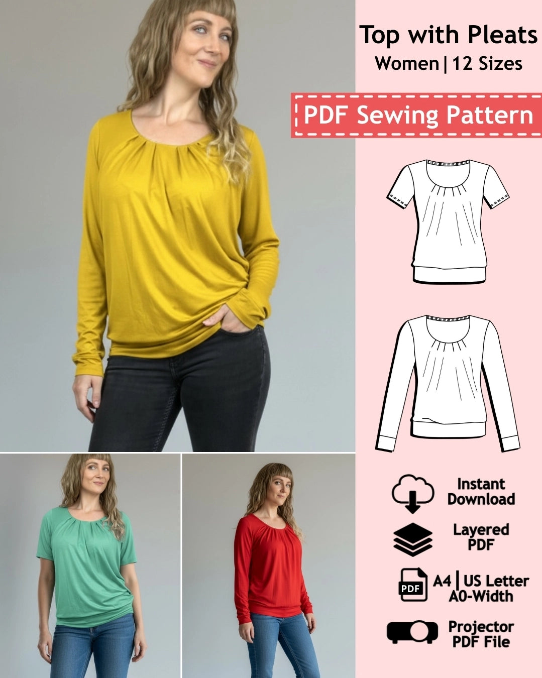 PDF Sewing Pattern Top with Pleats - Women