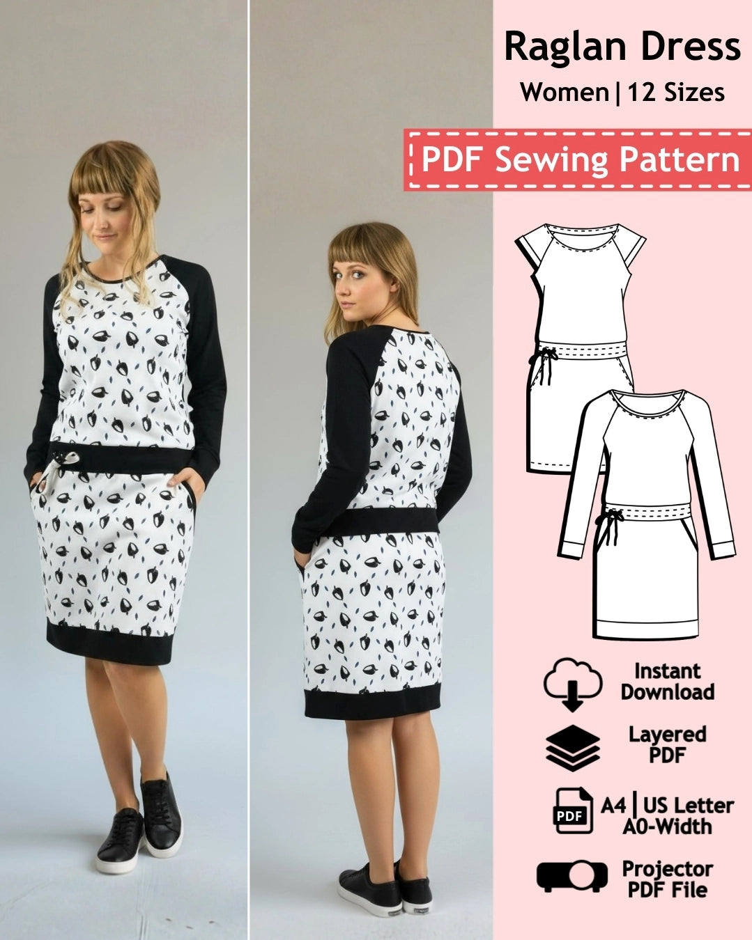 PDF Sewing Pattern - Raglan Jersey Dress (EU 32-54 / US 2-24 / UK 6-28)