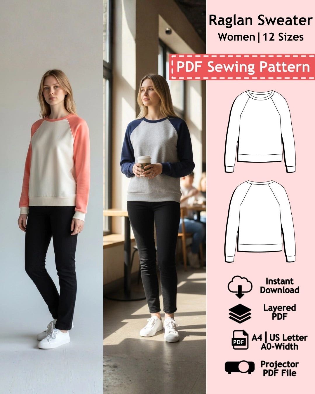 PDF Sewing Pattern Raglan Sweater - Women (EU 32-54 / US 2-24 / UK 6-28)