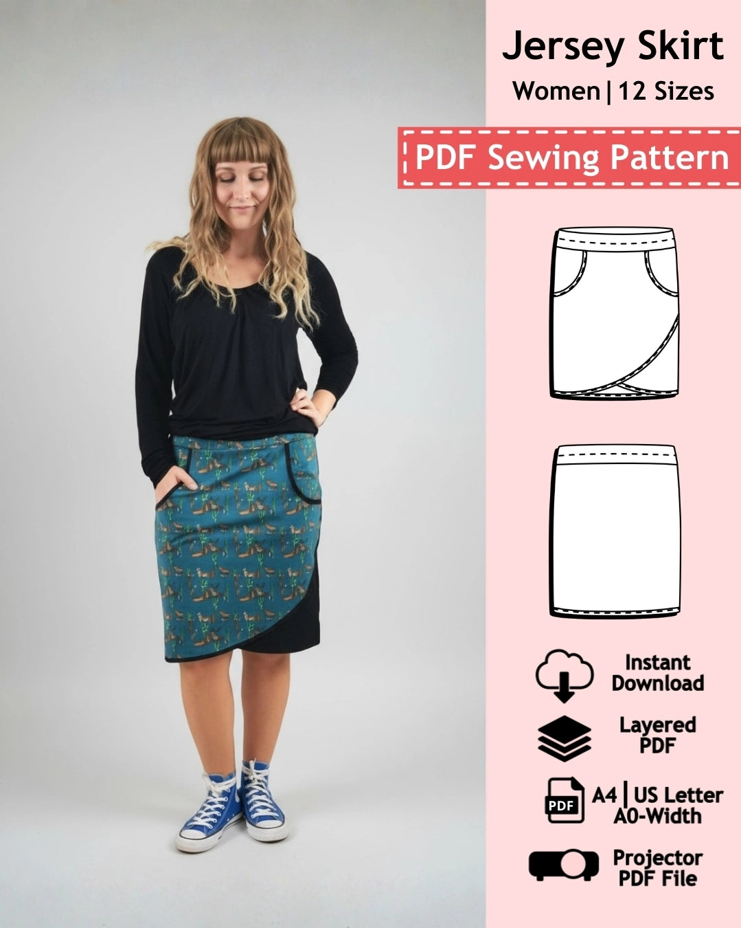 PDF Sewing Pattern Jersey Skirt - Fake Wrap (EU 32-54 / US 2-24 / UK 6-28)